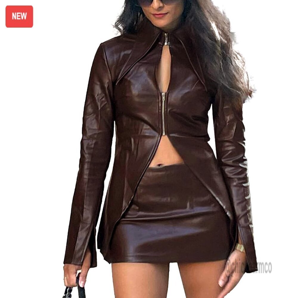 Faux Leather Skirt Co-Ords Set Zipper Hollow Out Cardigan Jacket Y2K Matching
